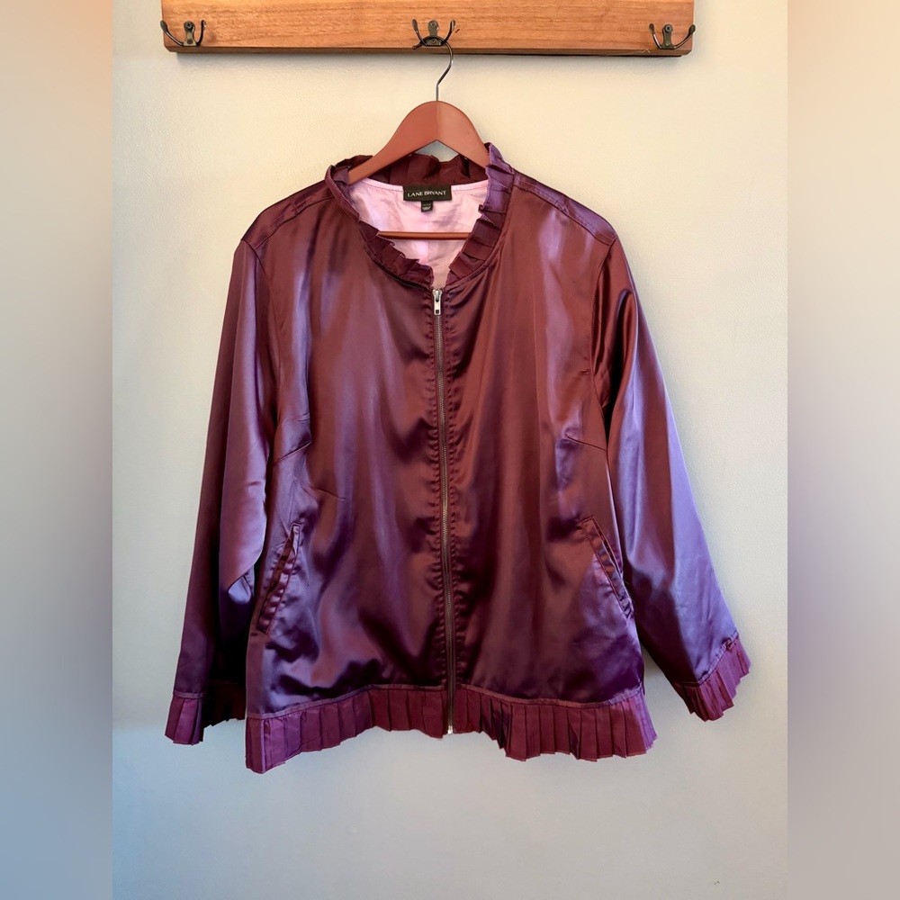 Lane Bryant 22W Plum Satin Bomber Jacket Snap Pocket Ruffle Trim Plus Chic - Picture 2 of 14